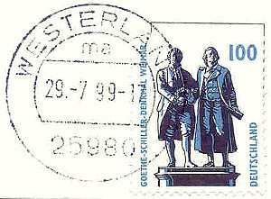 211 Deutschland Wert 100 Goethe Schiller Denkmal Weimar Deutschland Wert 100 Goethe Schiller Denkmal Sondermarke Goethe Schiller Denkmal Weimar Beschreibung Aufschrift Deutschland 100 Goethe Schiller Denkmal Weimar Bildmotiv Denkmal